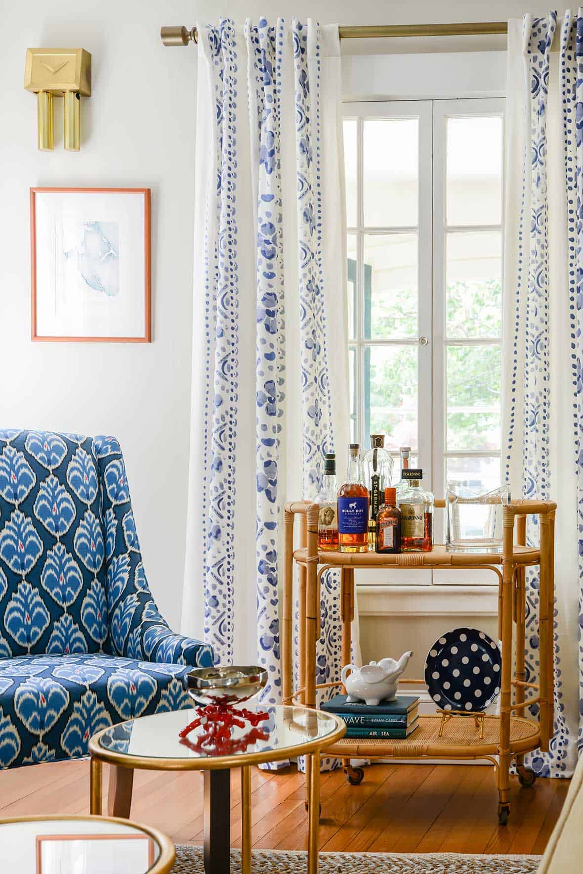 Chairs in navy ikat fabric by Pindler